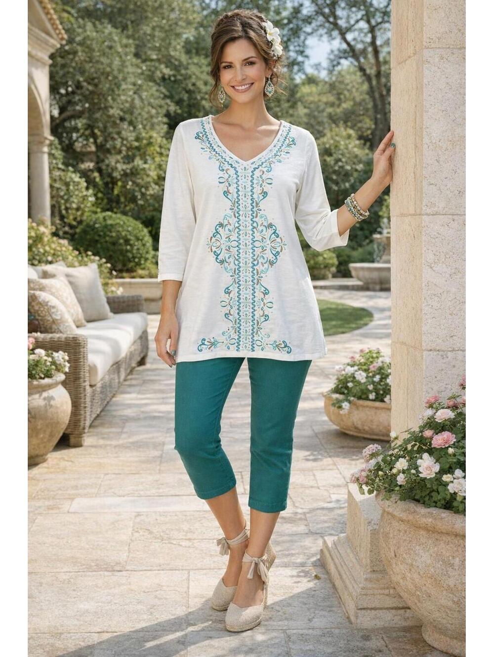 JM Collection Women's Turquoise&White Embroidered V-Neck Tunic Blouse, Sz. Small